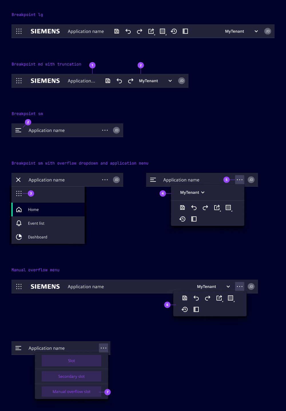 Application header at breakpoints lg/md and sm
