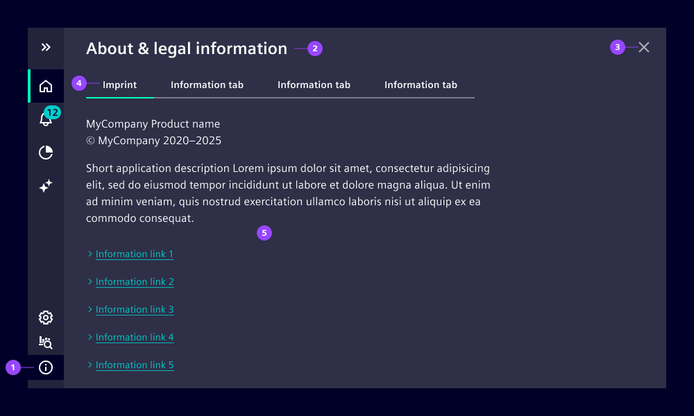 About and legal overlay