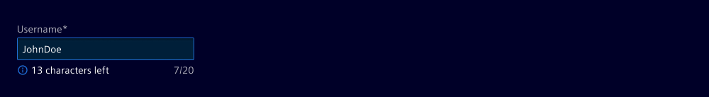 UI example of a field label Username* containing JohnDoe with a blue info icon and the text 13 characters left.