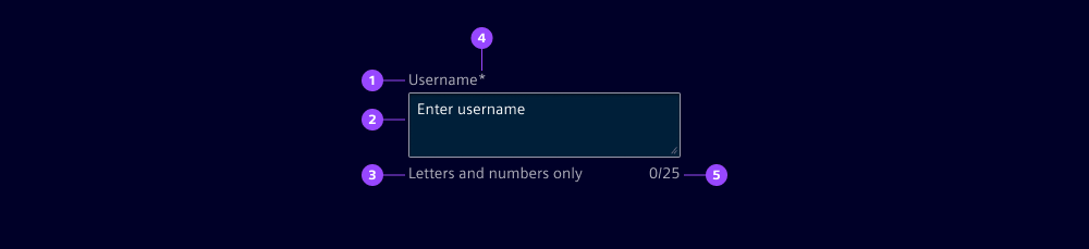 UI form field numbered example: 1) Label Username*, 2) Text area placeholder Enter user name, 3) Helper text Letters and numbers only, 4) Asterisk indicates required field and 5) Character counter shows 0/25.