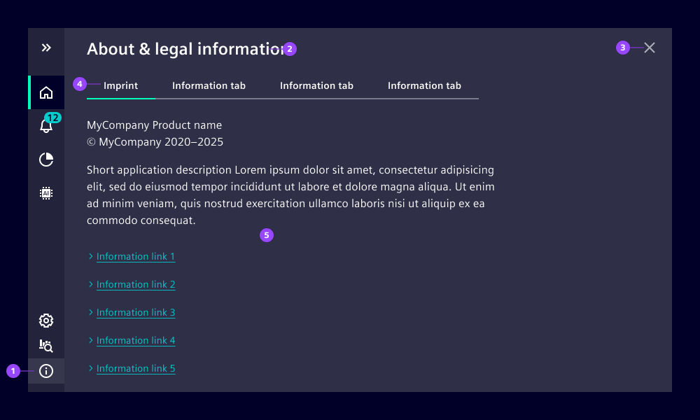 About and legal overlay