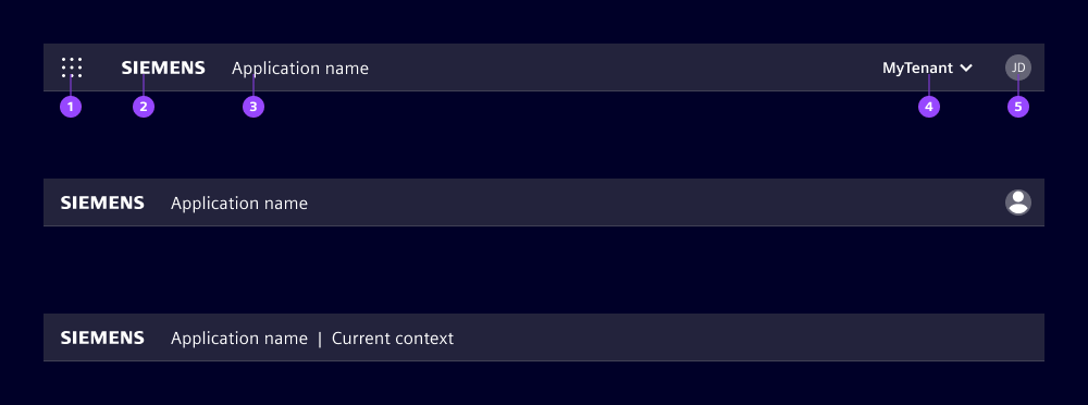 Application header with different options
