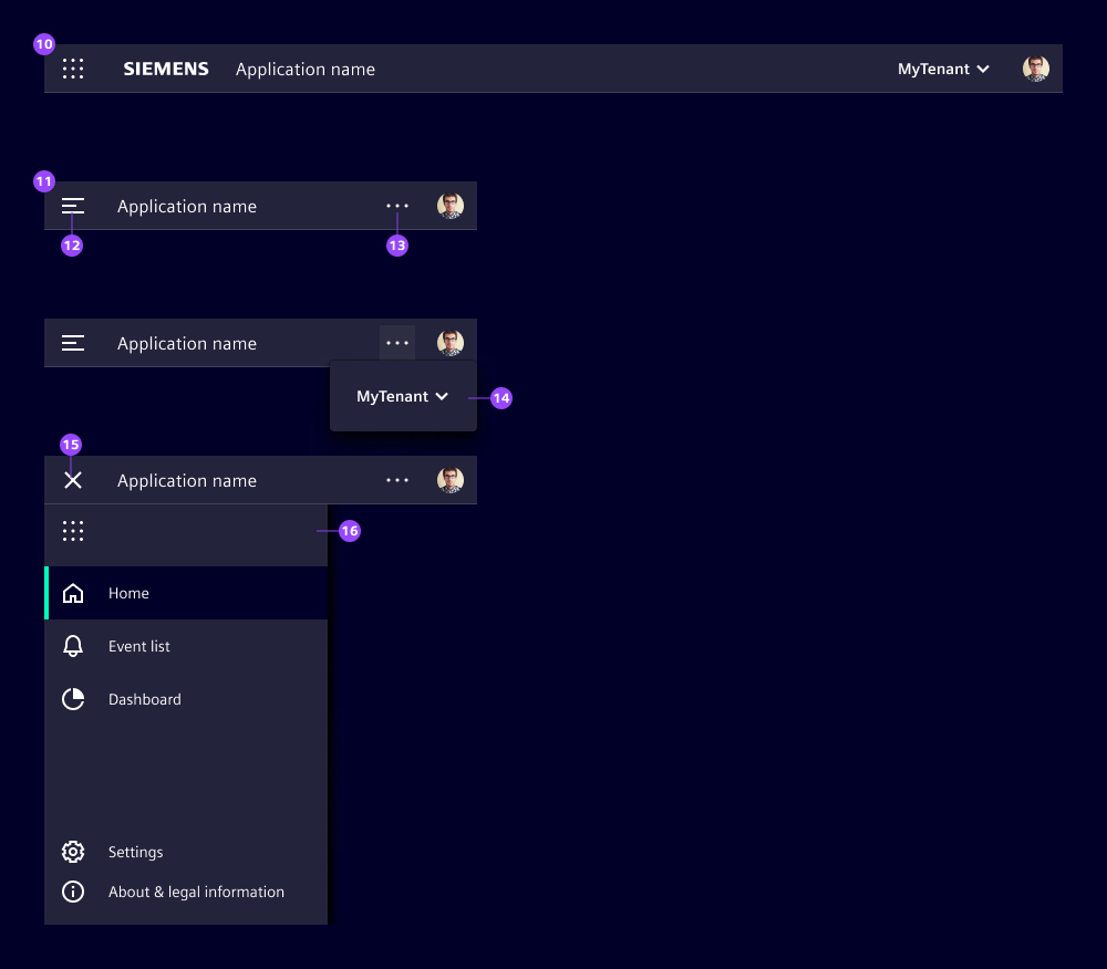 Application header at breakpoints lg/md and sm